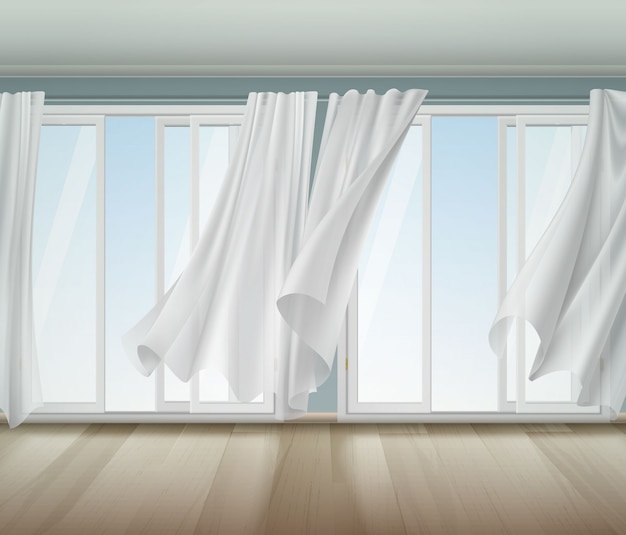 Free Vector billowing curtains open window illustration