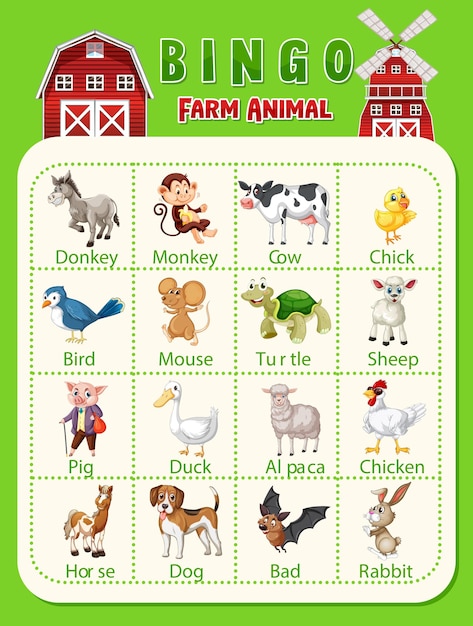 Bingo game with farm animals theme