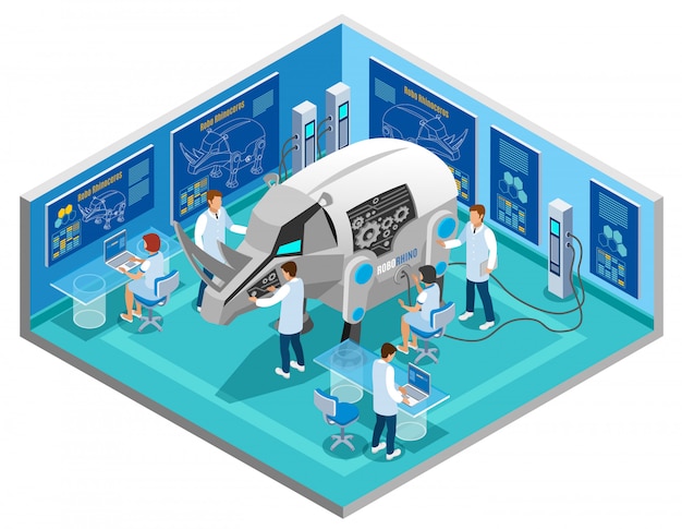 Free Vector bio robots replacing animal testing isometric composition with automated rhinoceros research procedure in scientific laboratory