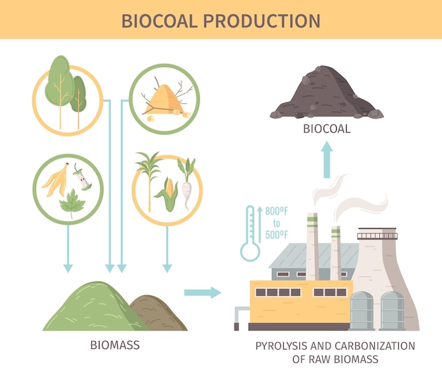 Free Vector biocoal production infographics illustration demonstrated sources of raw biomass for pyrolysis and carbonization processing flat vector illustration