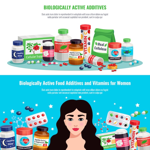 Biologically active food additives and vitamins for women health and beauty horizontal banners cartoon