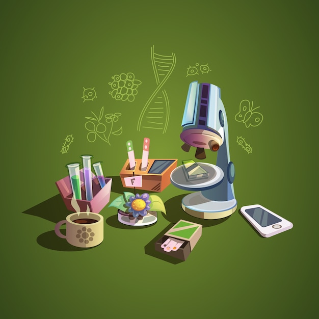 Free vector biology concept with retro science cartoon icons set