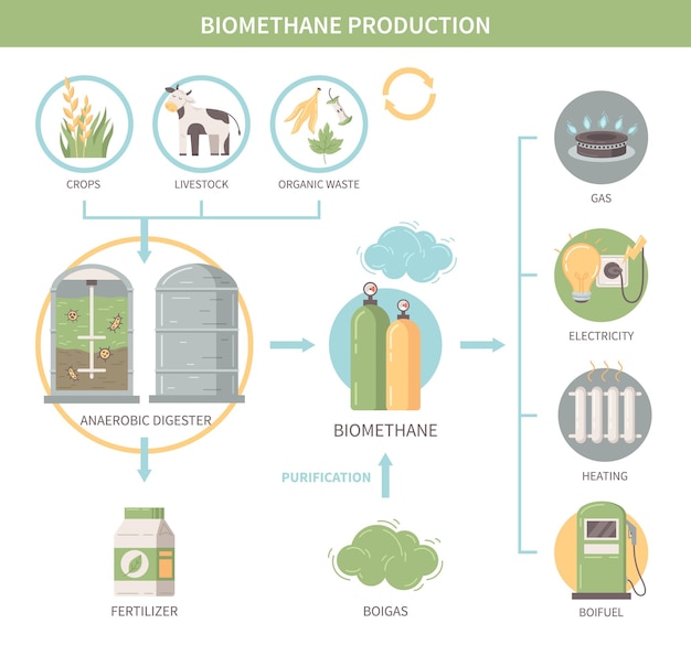 Free Vector biomethane production infographics demonstrating agricultural crops and  livestock as sources of biofuel heat and electricity flat vector illustration