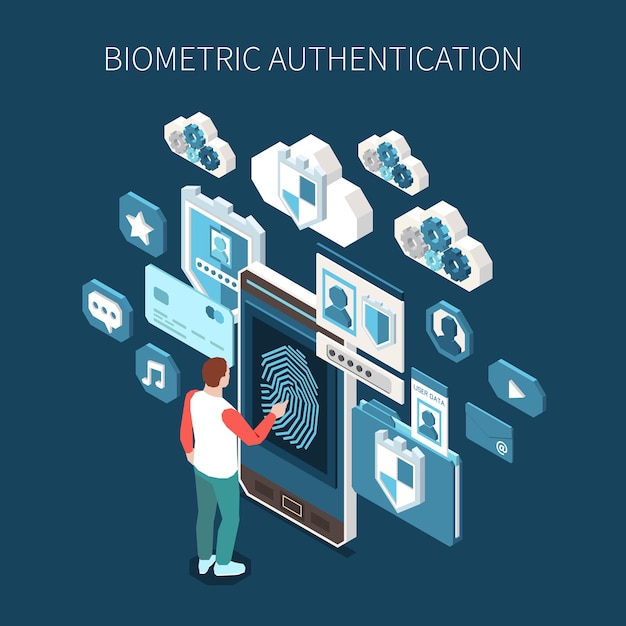 Biometric authentication isometric illustration with human character touching smartphone with fingerprint surrounded by profile apps