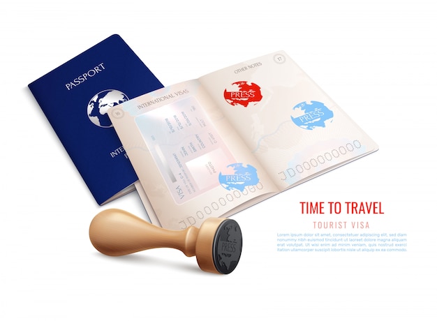 Free Vector biometric passport visa stamps realistic with time to travel tourist visa headline  illustration