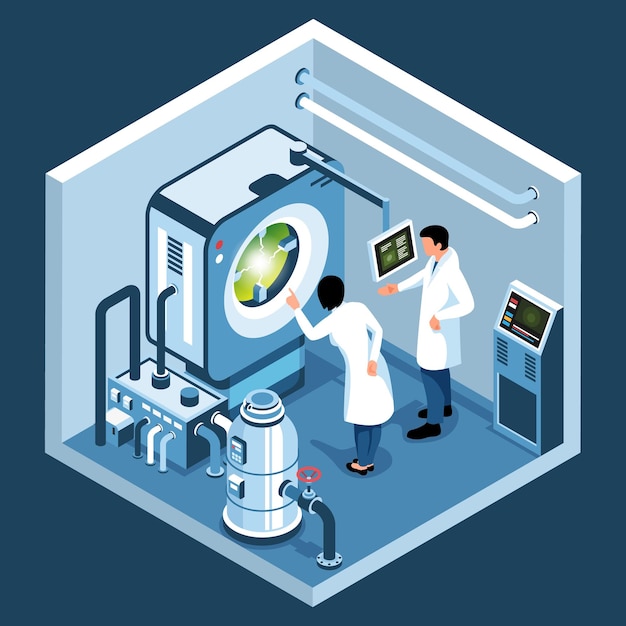 Free Vector biotechnology isometric composition with laboratory assistants monitoring process of experiment isolated on dark background vector illustration