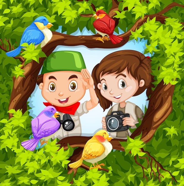 Bird watching with boy and girl