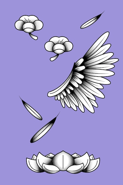 Free vector bird wing and flower element set on a purple background vector