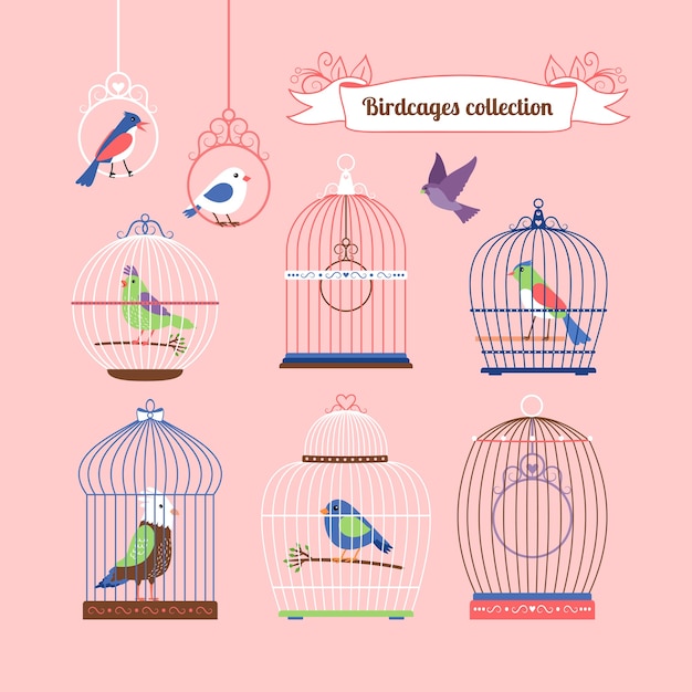 Free vector birds and birdcages cute colored illustration