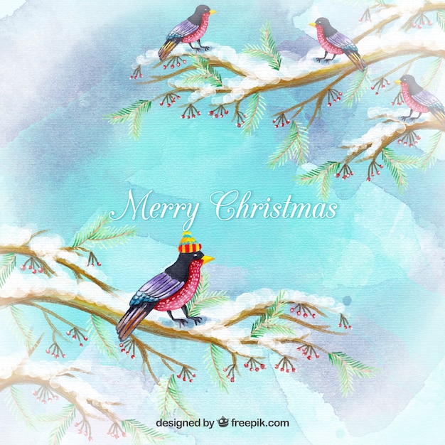 Birds on a branch christmas background watercolor