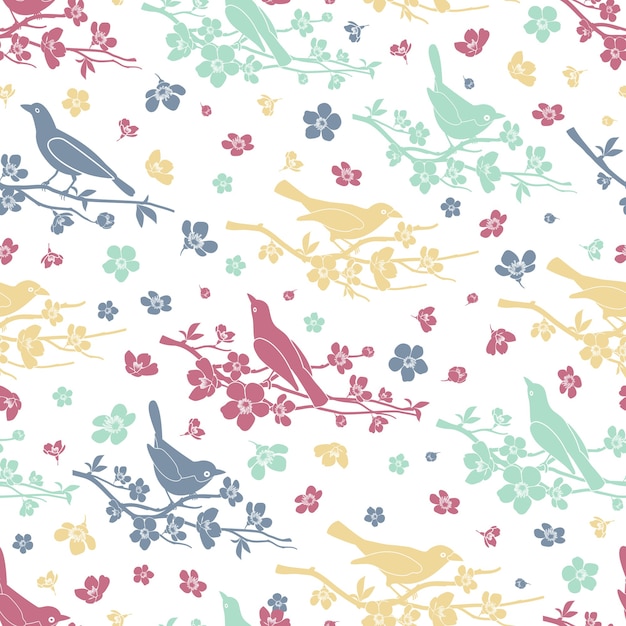 Birds and twigs seamless pattern. Flower and branch, decoration love and romantic, design floral, vector illustration