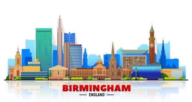 Birmingham England city skyline vector at white background Flat vector illustration Business travel and tourism concept with modern buildings Image for banner or website