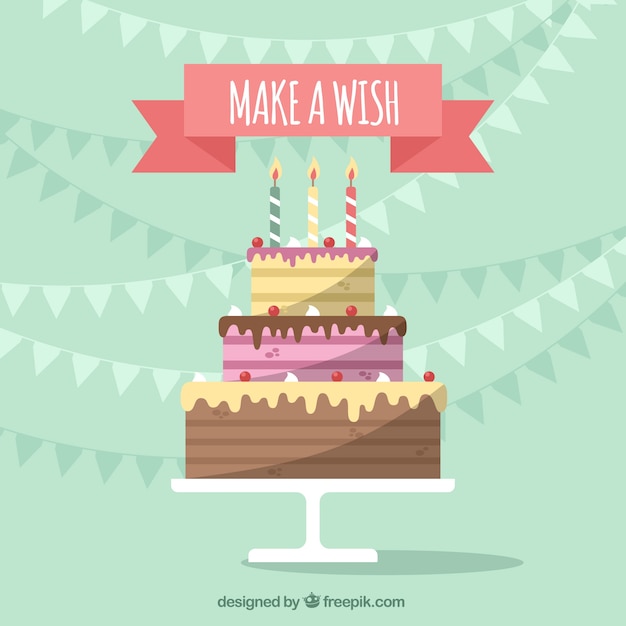 Free Vector birthday background with delicious cake in flat design