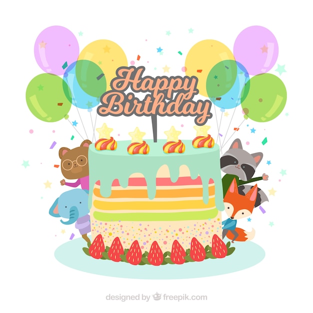 Birthday background with tasty cake and cute animals