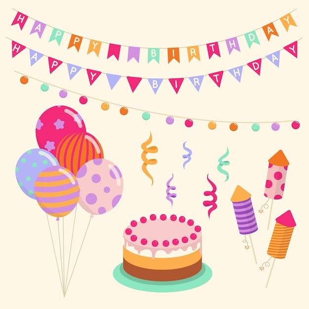 Free Vector birthday cake and balloons decoration