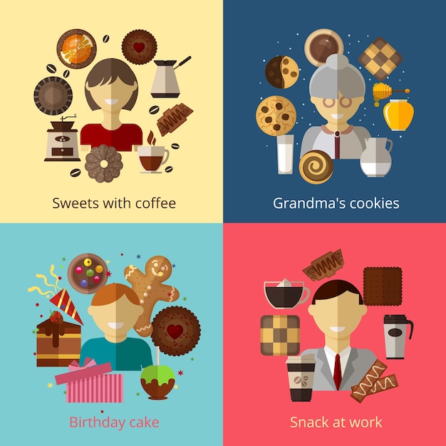 Free Vector birthday cake, grandmas cookies, sweets with coffee and snack at work, compositions set