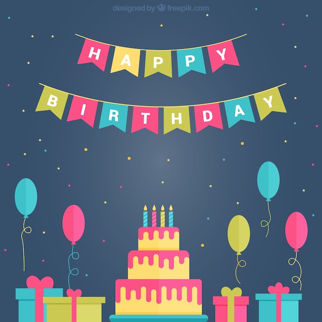 Free Vector birthday cake set with balloons and gifts in flat design