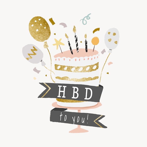 Free Vector birthday cake template sticker, aesthetic gold and pastel element graphic vector