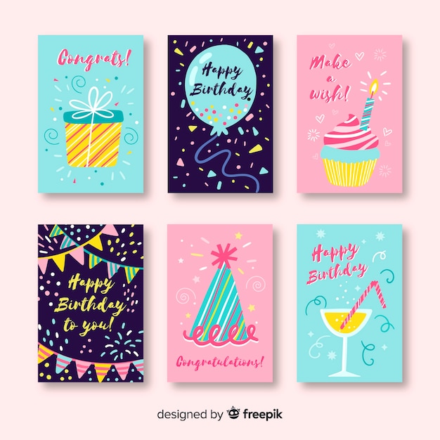 Birthday card collection in hand drawn style