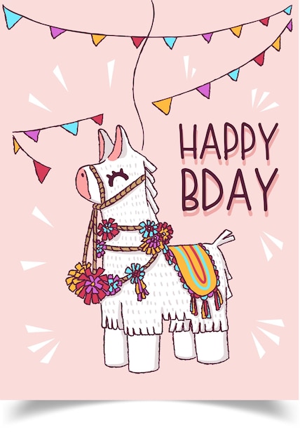 Free Vector a birthday card decorated with a llama with body ornaments.