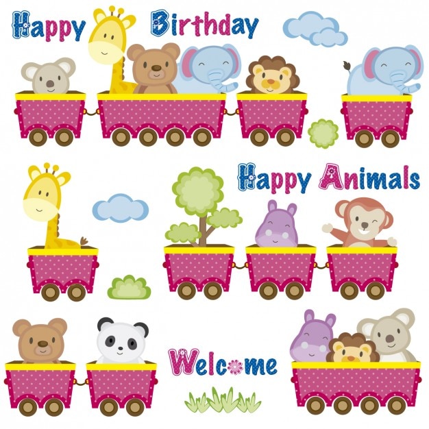 Birthday card with animals in wagons