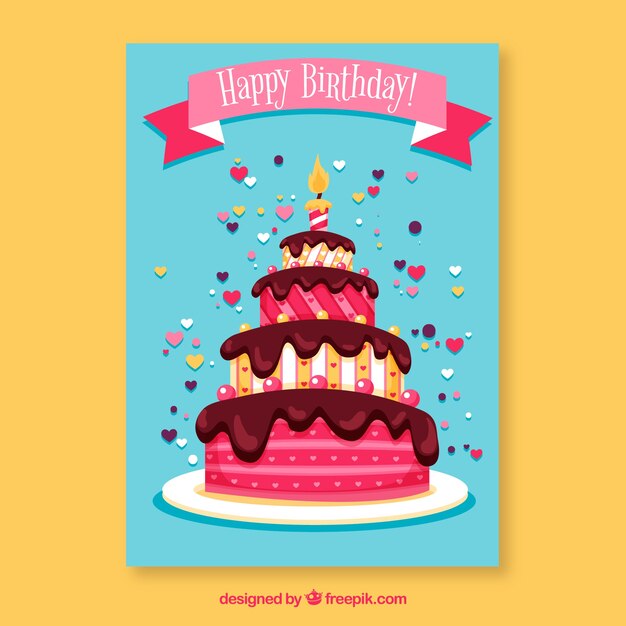 Birthday card with cake in hand drawn style