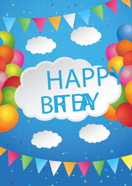 Birthday card with clouds and colorful balloons