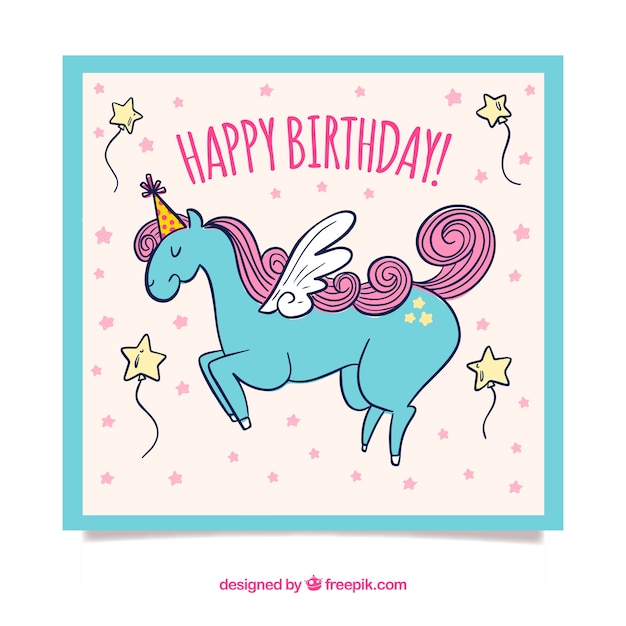 Free Vector birthday card with cute unicorn in hand drawn style