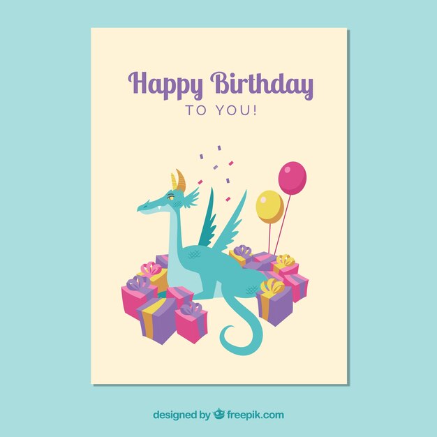 Birthday card with dragon and presents in flat style