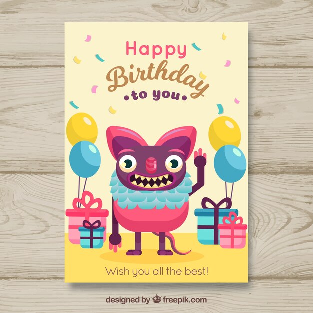 Birthday card with funny monster in flat style