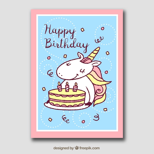 Free Vector birthday card with unicorn, cake and confetti