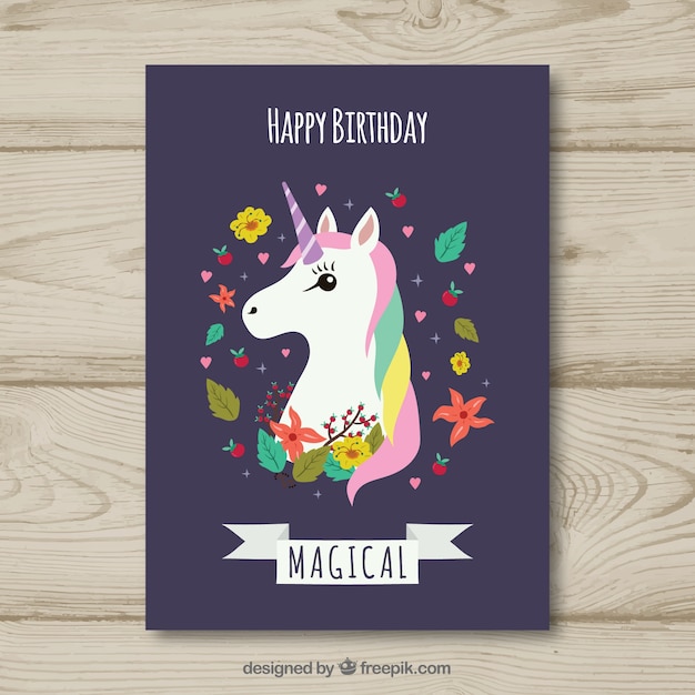 Free Vector birthday card with a unicorn and flowers