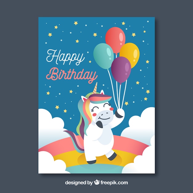 Free Vector birthday card with a unicorn holding some balloons