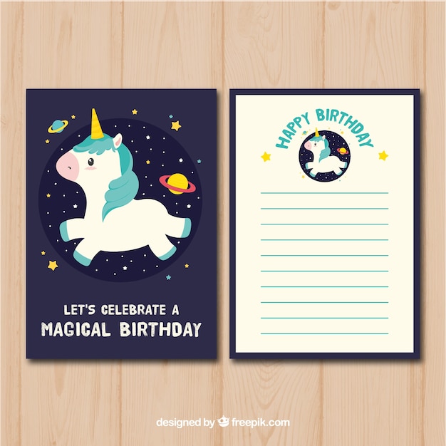 Free Vector birthday card with unicorn in space