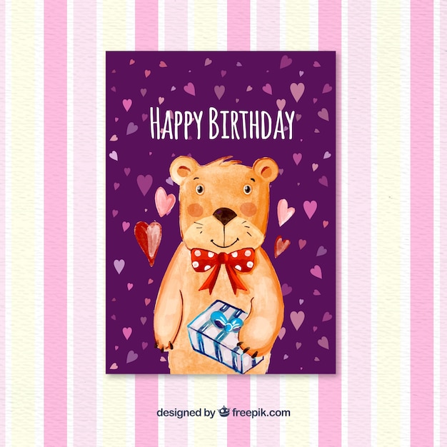 Free Vector birthday card with watercolor bear