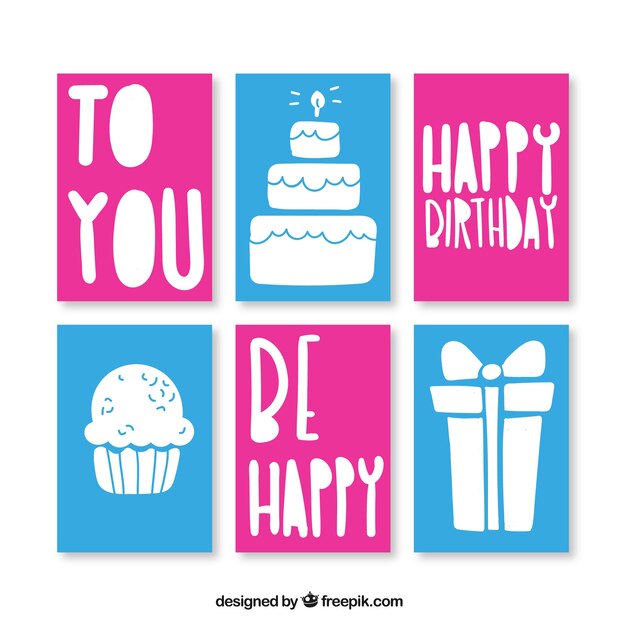 Birthday cards, blue and magenta