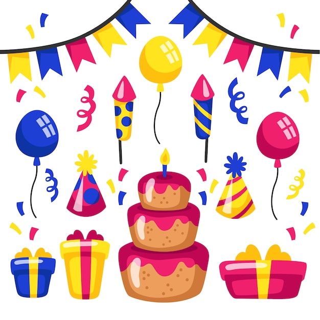 Free Vector birthday decoration with cake and rockets