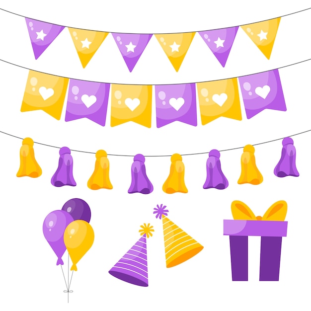 Free vector birthday decoration with yellow and violet elements