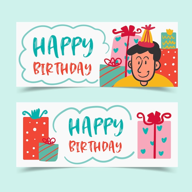 Birthday greeting cards decorated with boy and gift boxes