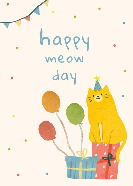 Birthday greeting template with cat illustration