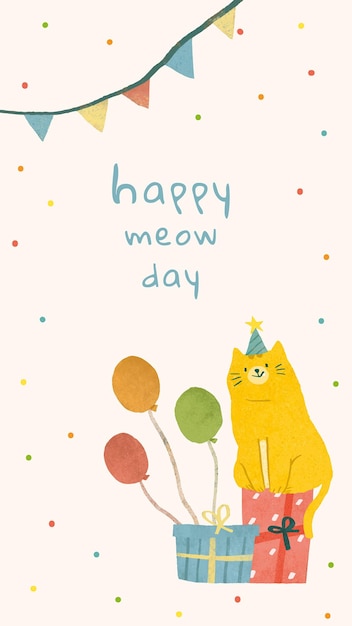 Free Vector birthday greeting template with cat illustration