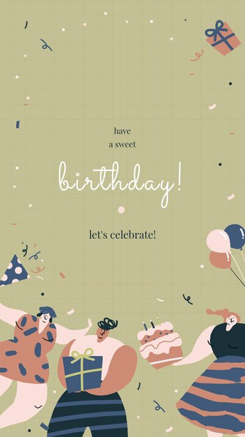 Birthday greeting template with celebrating characters