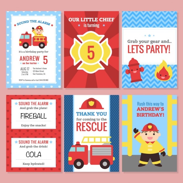 Free Vector birthday invitation, firefighter theme