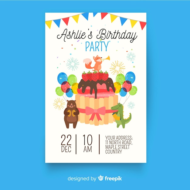 Free Vector birthday invitation template in flat style