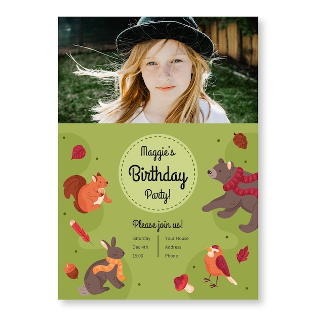 Free Vector birthday invitation template with forest animals and photo