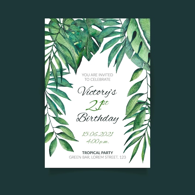 Birthday invitation with tropical leaves