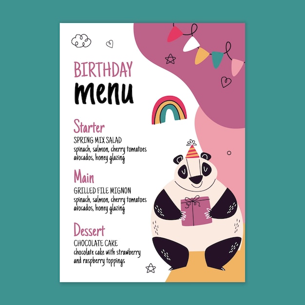 Free Vector birthday menu template with panda