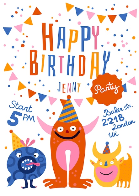 Birthday party announcement invitation poster with funny monsters in cone hats time address festive decorations illustration