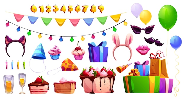 Free vector birthday party elements cake balloons candles