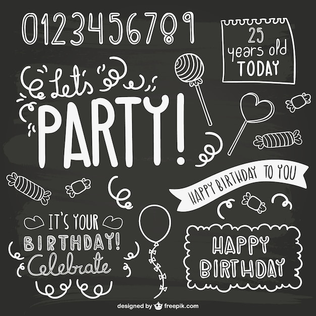 Free Vector birthday party elements with blackboard texture